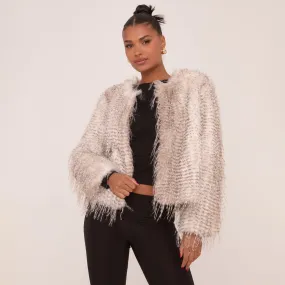 Faux Feather Fur Coat In Grey