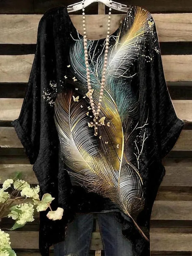 Feather Print Plus Size Dolman Sleeve Blouse