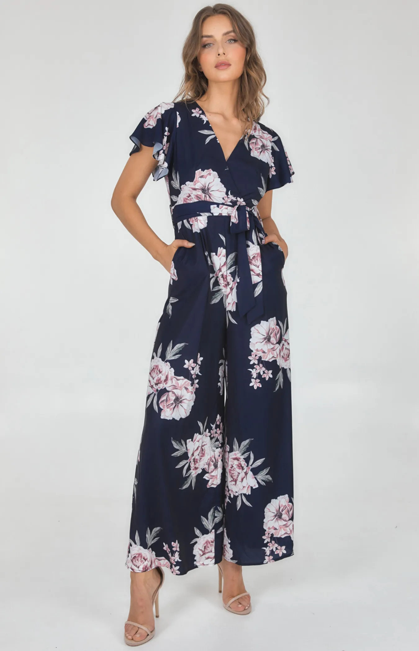 Floral Butterfly Sleeve Wide Leg Jumpsuit (SJP511B)