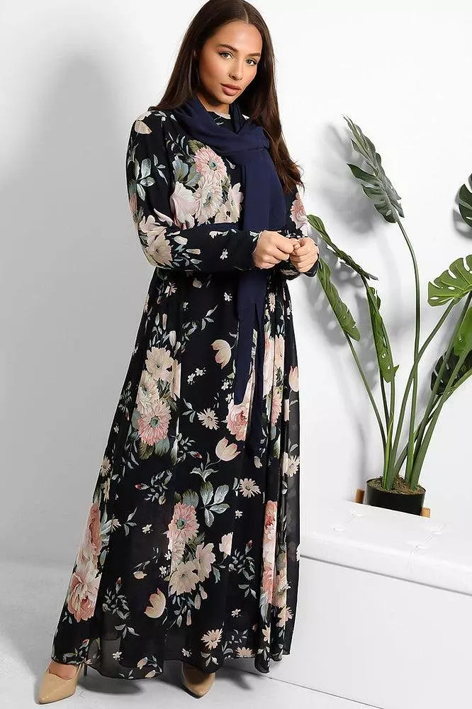 Floral Print Chiffon Modest Dress And Headscarf Set