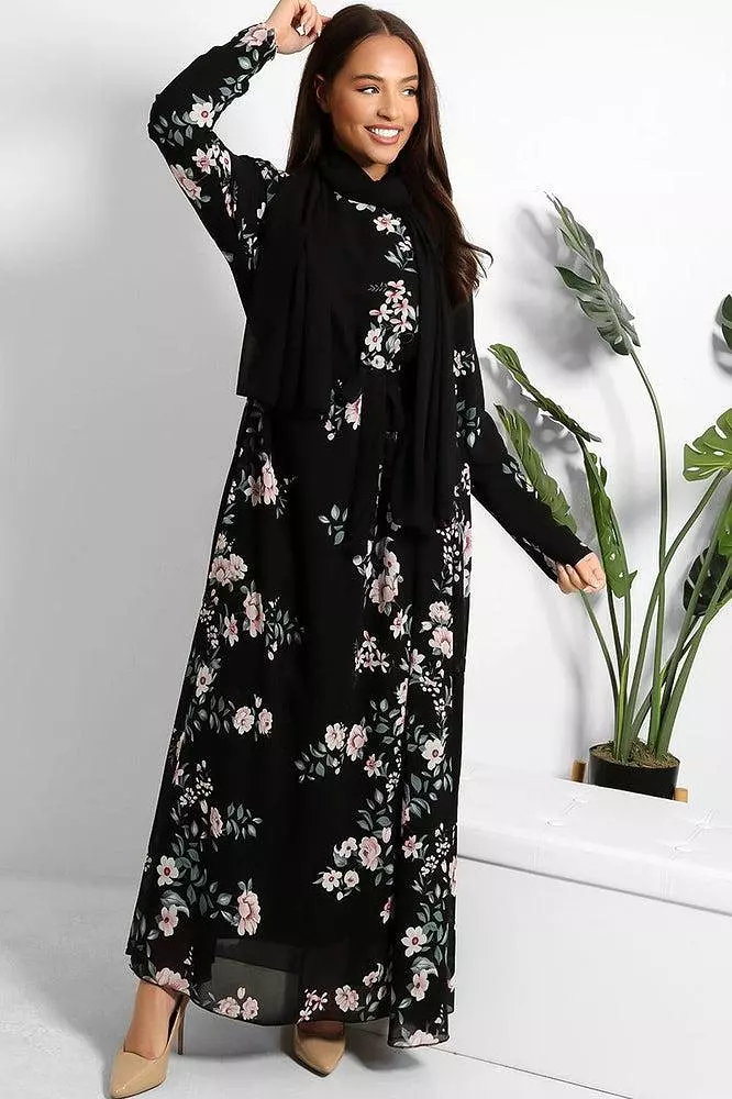 Floral Print Chiffon Modest Dress And Headscarf Set