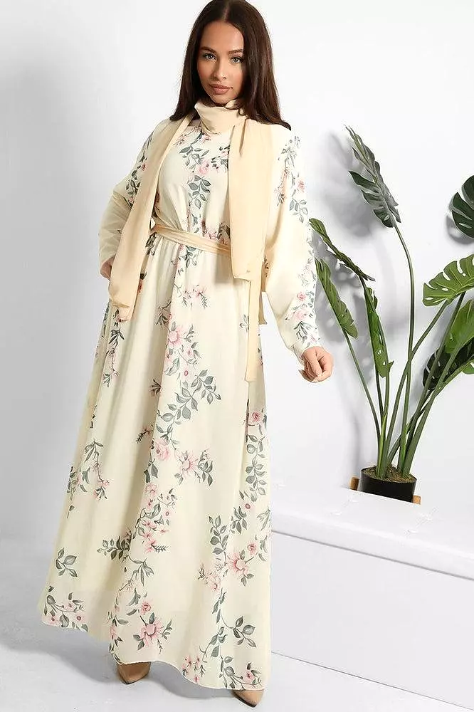 Floral Print Chiffon Modest Dress And Headscarf Set