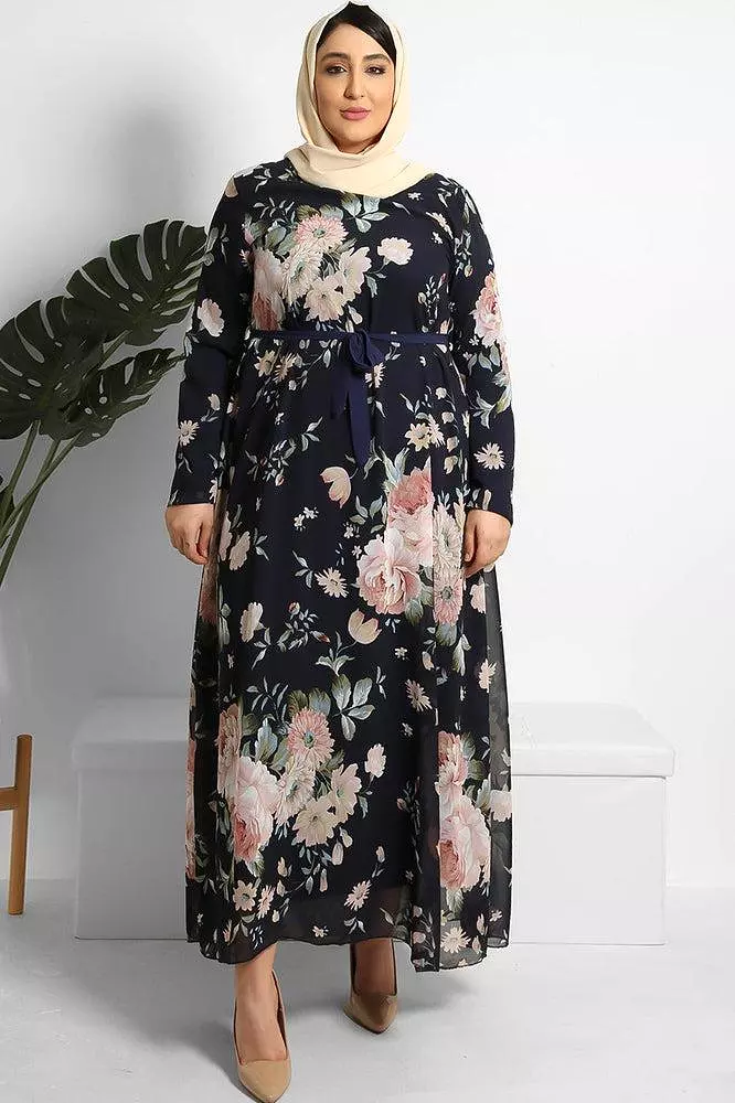 Floral Print Chiffon Modest Dress And Headscarf Set