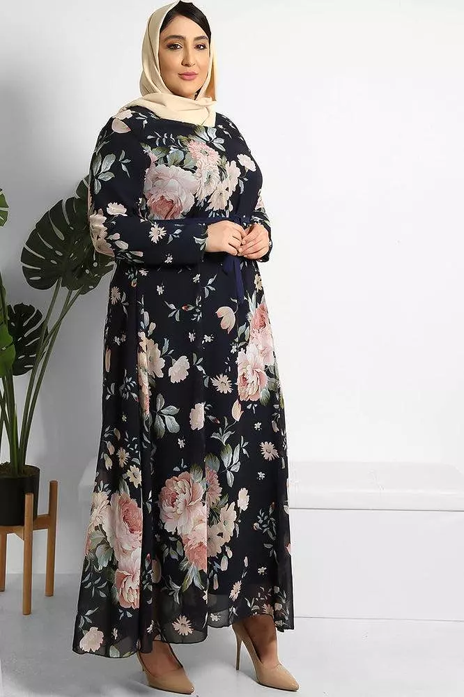 Floral Print Chiffon Modest Dress And Headscarf Set