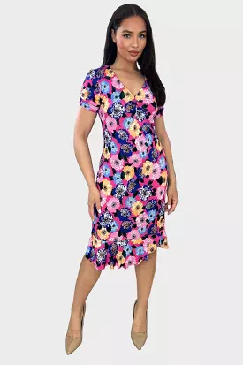 Fuchsia Floral Print V-Neck Midi Dress