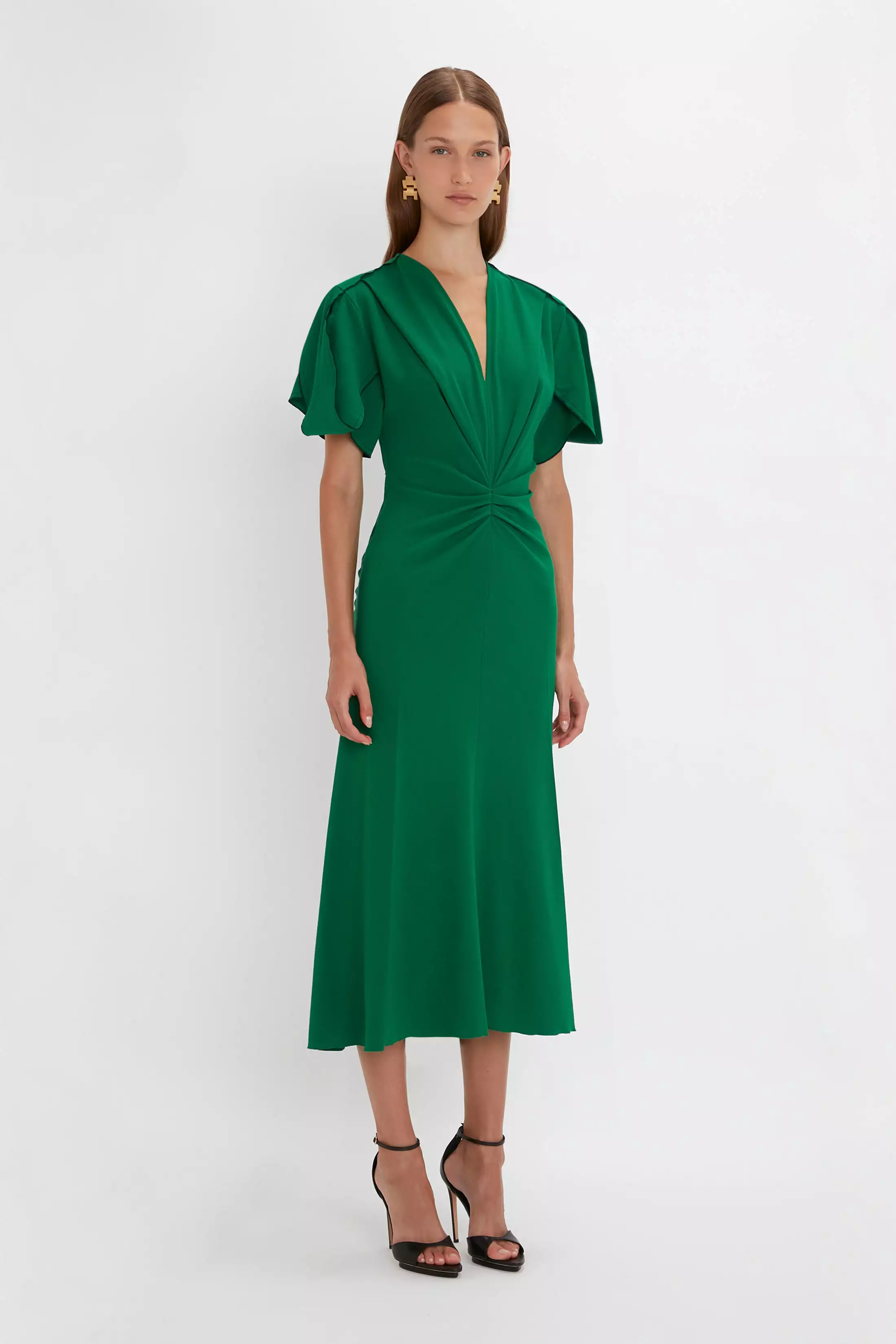 Gathered V-Neck Midi Dress in Emerald