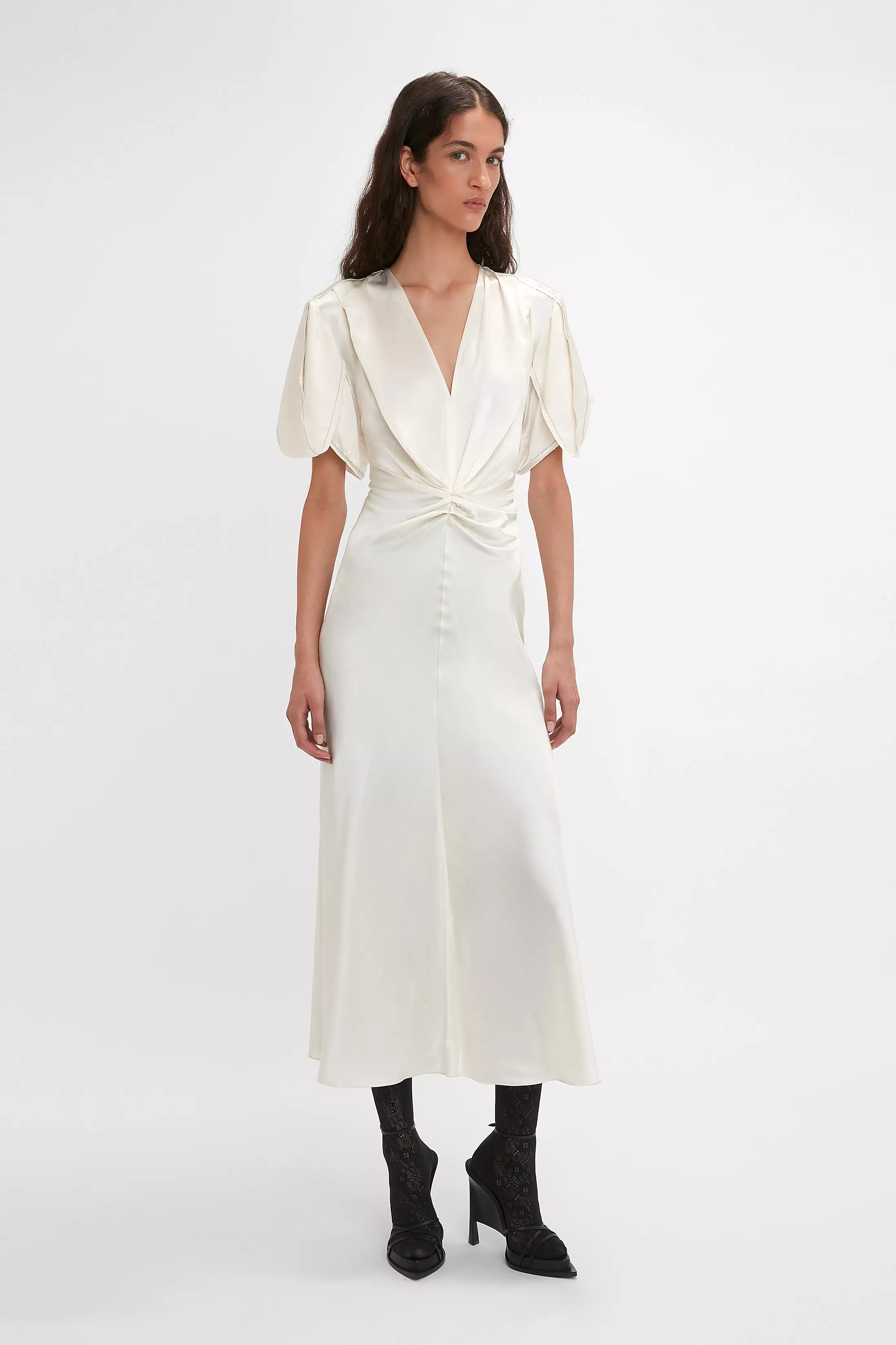 Gathered V-Neck Midi Dress In Ivory