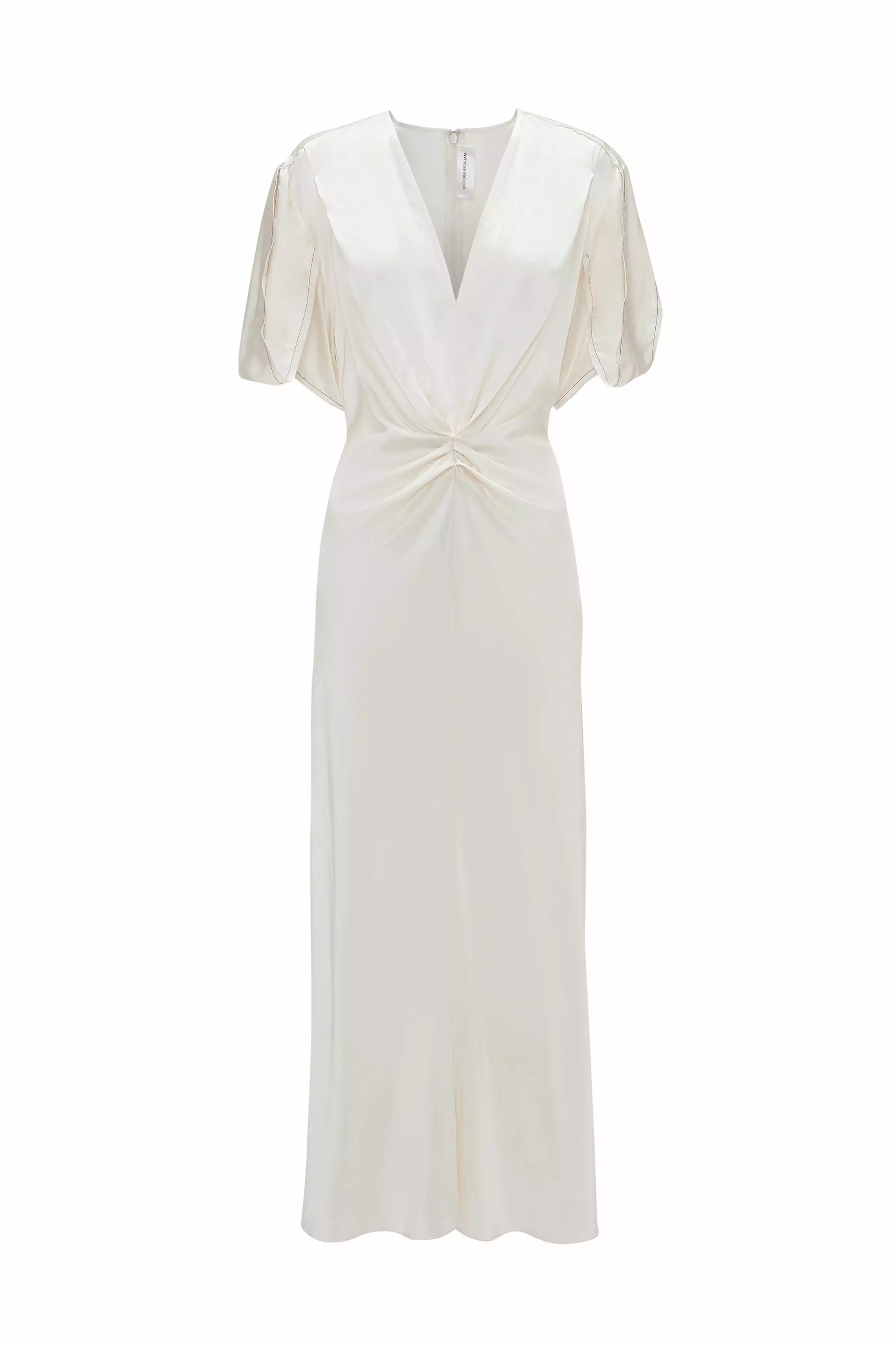 Gathered V-Neck Midi Dress In Ivory