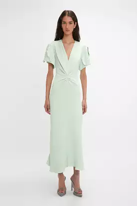 Gathered V-Neck Midi Dress In Jade