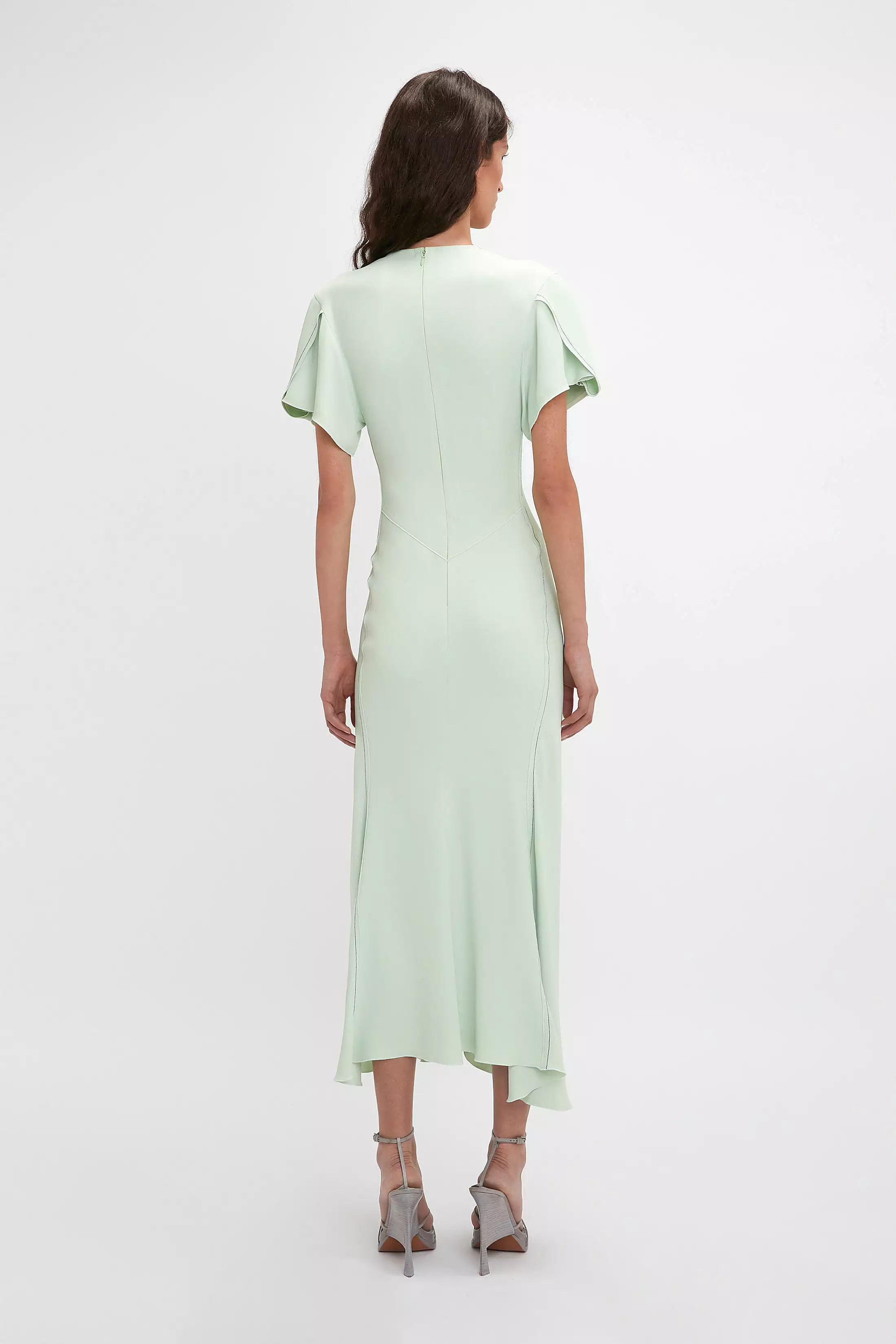 Gathered V-Neck Midi Dress In Jade