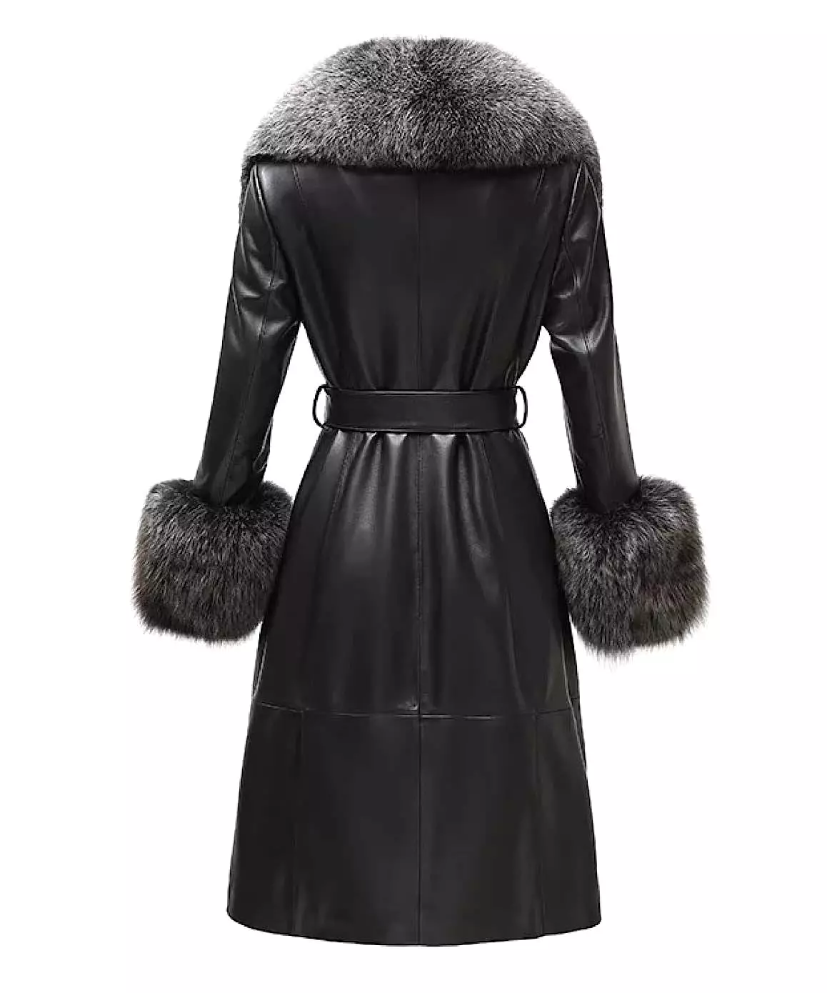 Genuine Sheepskin Leather Fox Fur Trimmed Coat In Black