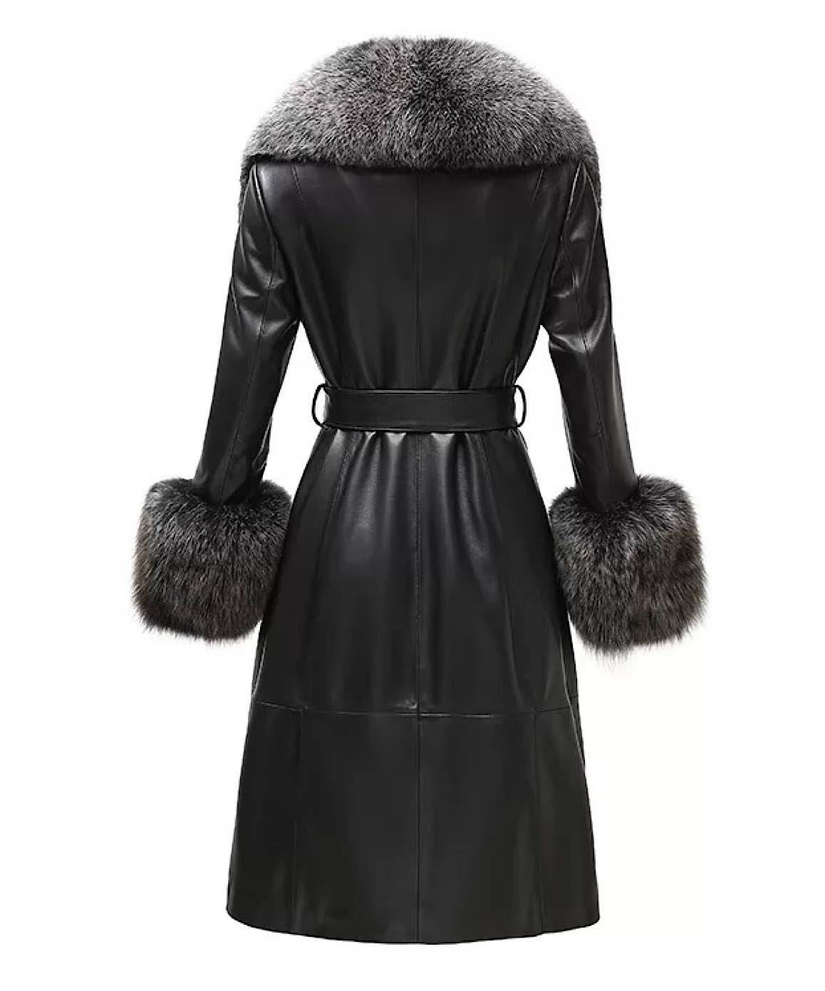 Genuine Sheepskin Leather Fox Fur Trimmed Coat In Coffee