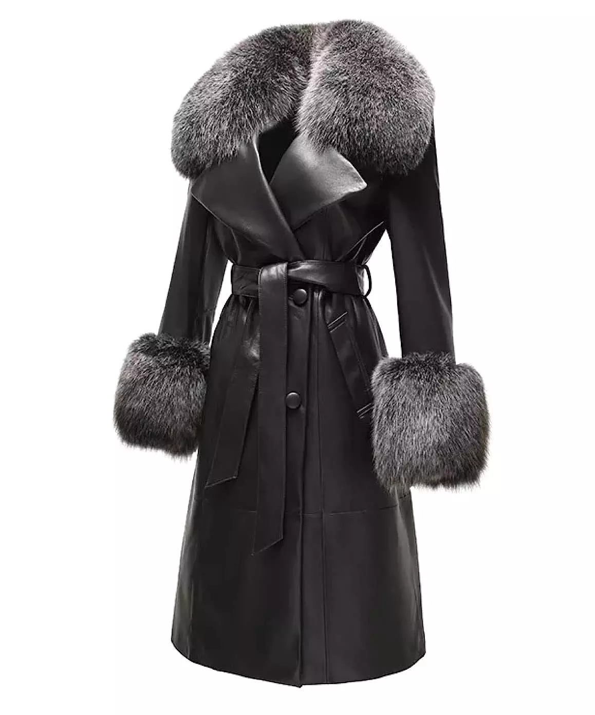 Genuine Sheepskin Leather Fox Fur Trimmed Coat In Coffee