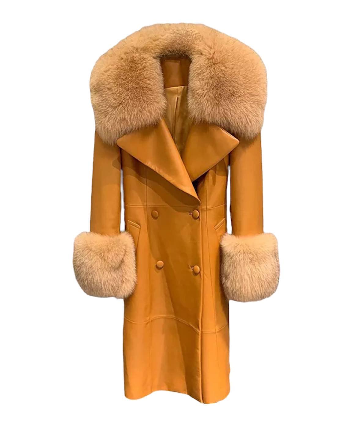 Genuine Sheepskin Leather Fox Fur Trimmed Coat In Hazel