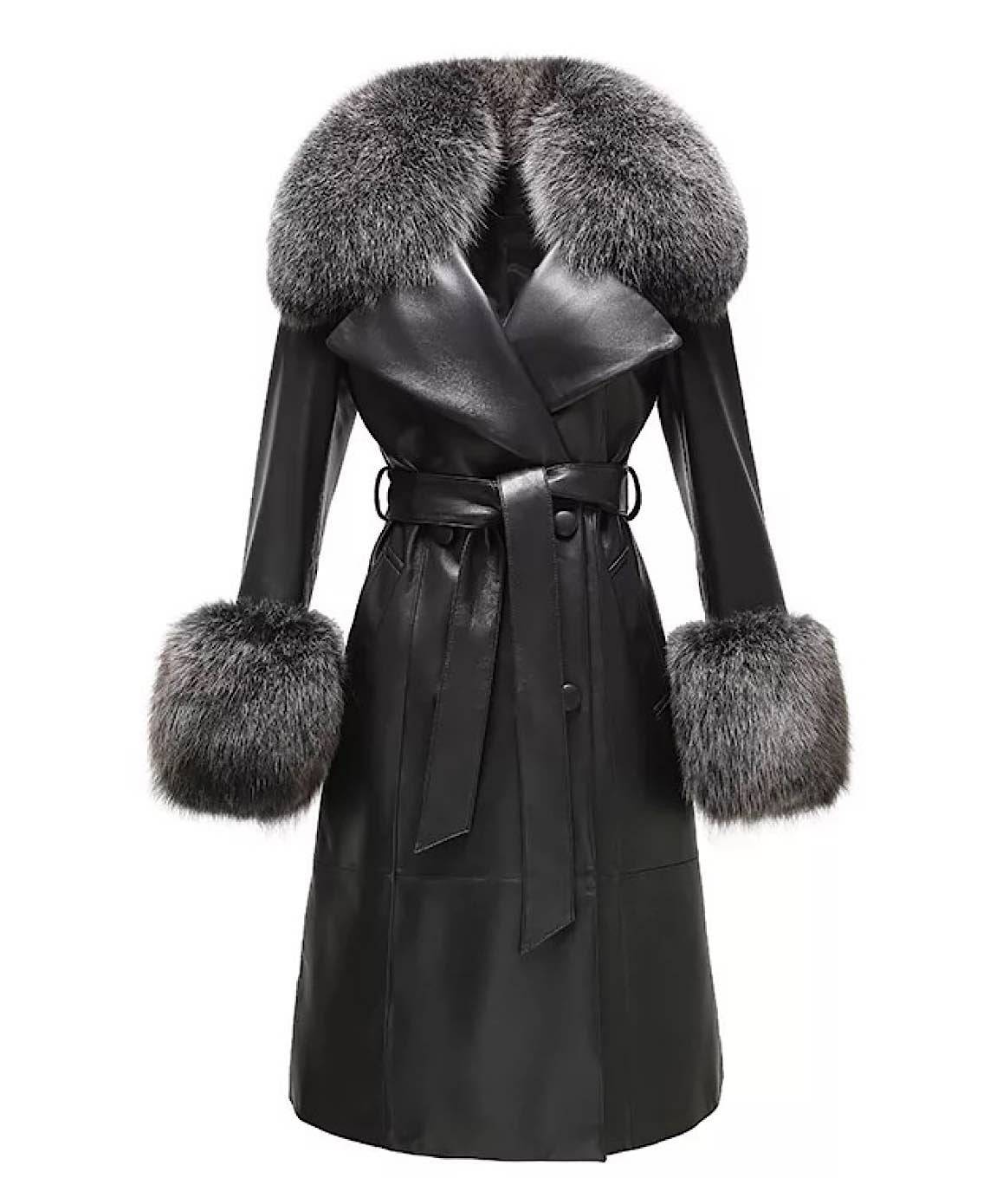 Genuine Sheepskin Leather Fox Fur Trimmed Coat In Hazel