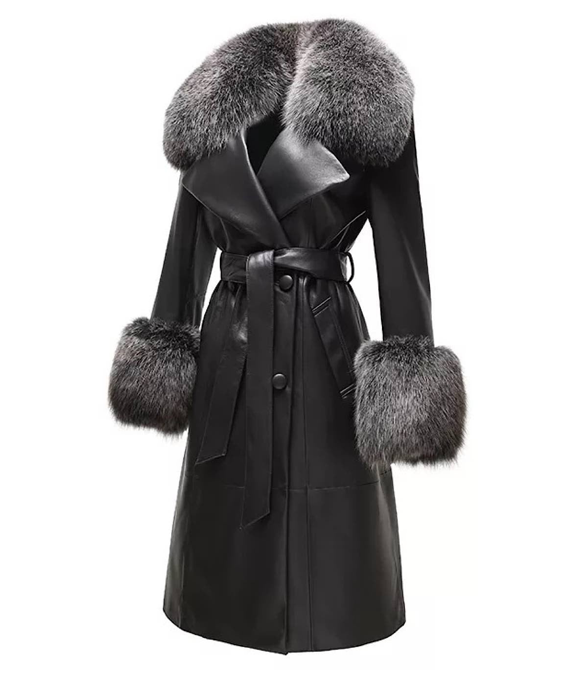 Genuine Sheepskin Leather Fox Fur Trimmed Coat In Hazel