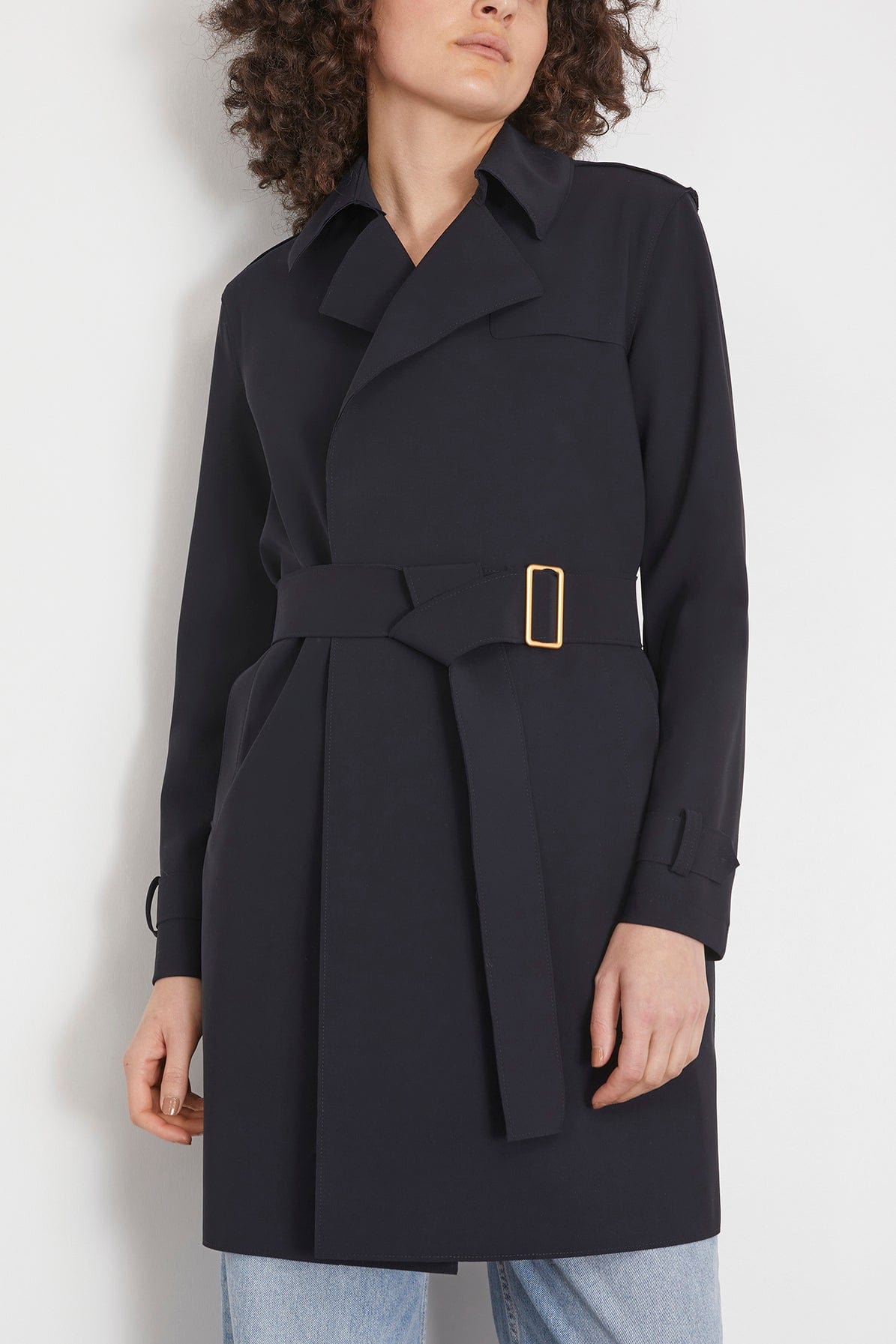 Golden Buckle Scuba Trench Coat in Black