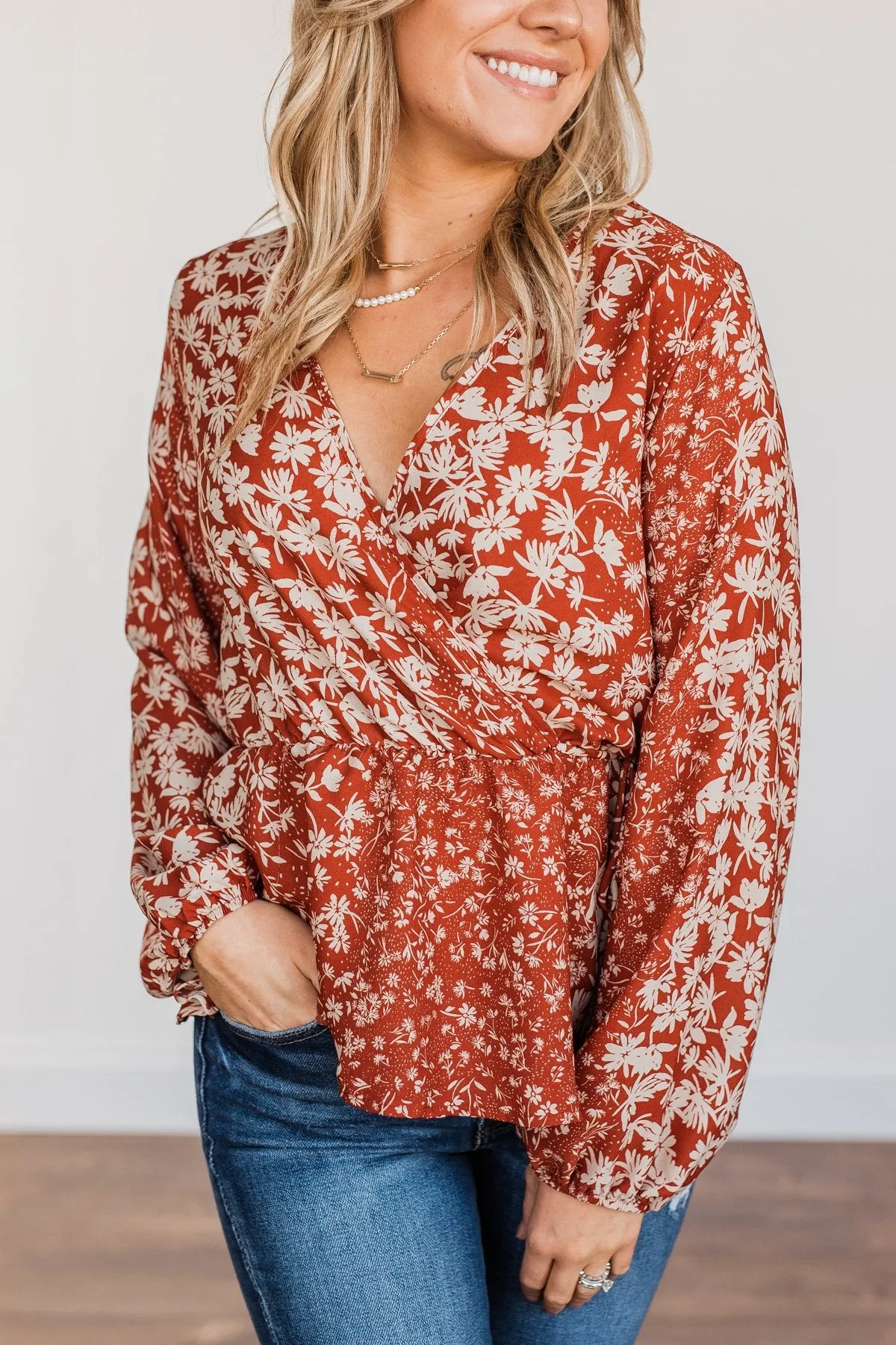 Gone With The Wind Floral Wrap Blouse- Rust