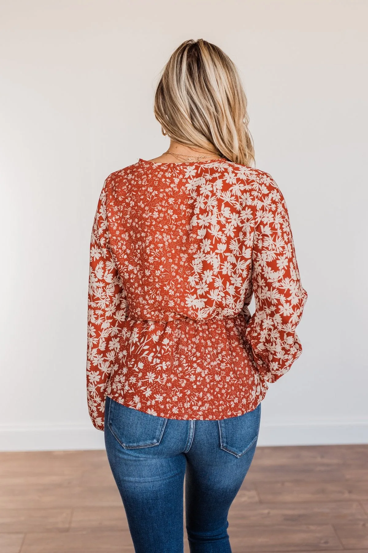 Gone With The Wind Floral Wrap Blouse- Rust