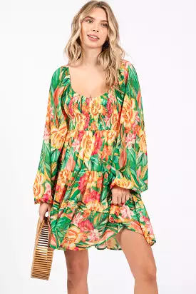 Green Tropical Floral Smocked V-Neck Midi Dress