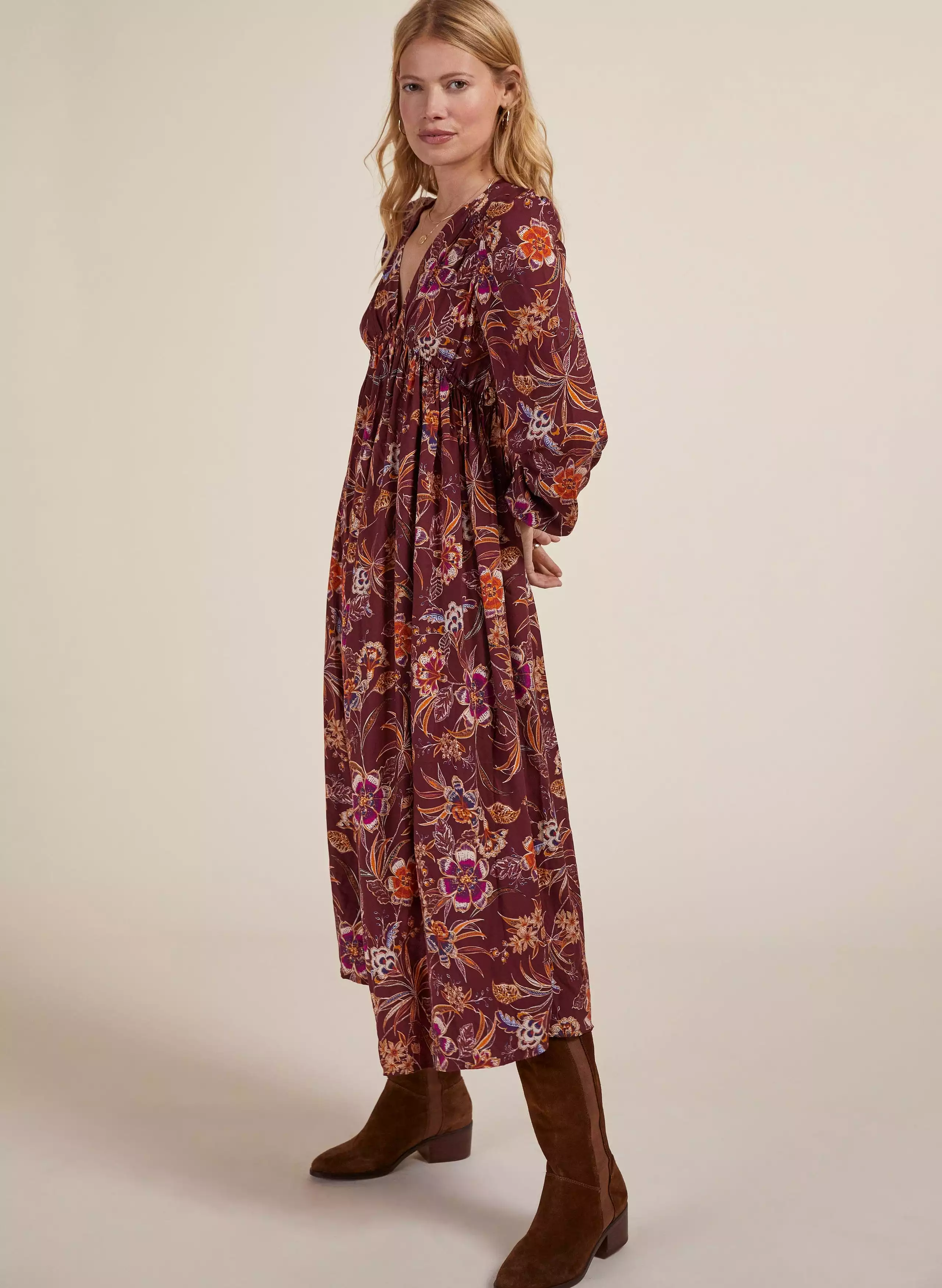 Gwyneth LENZING ECOVERO V-Neck Midi Dress | Garnet Woodland Print