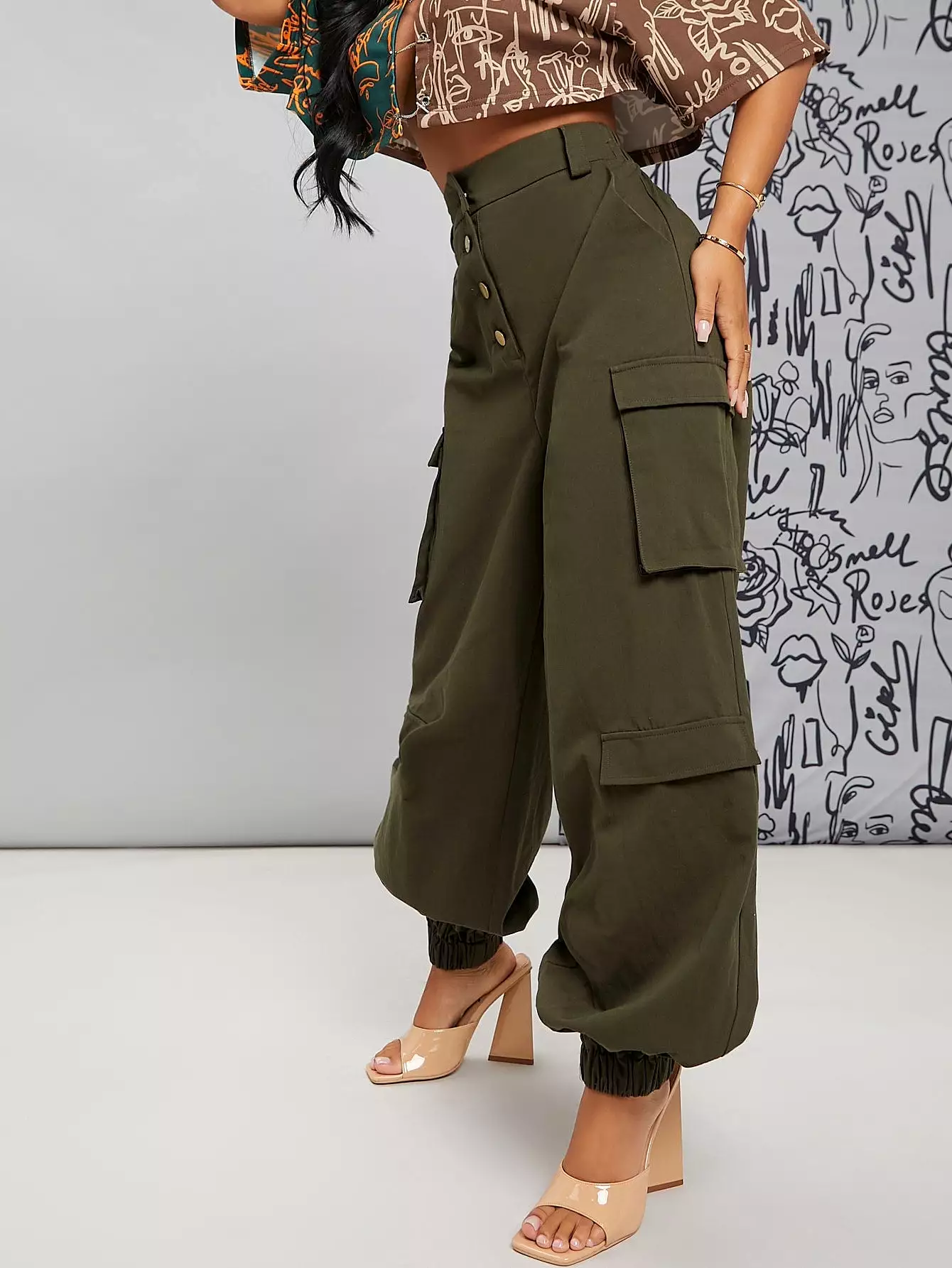 High Waist Single Breasted Utility Pocket Cargo Pants