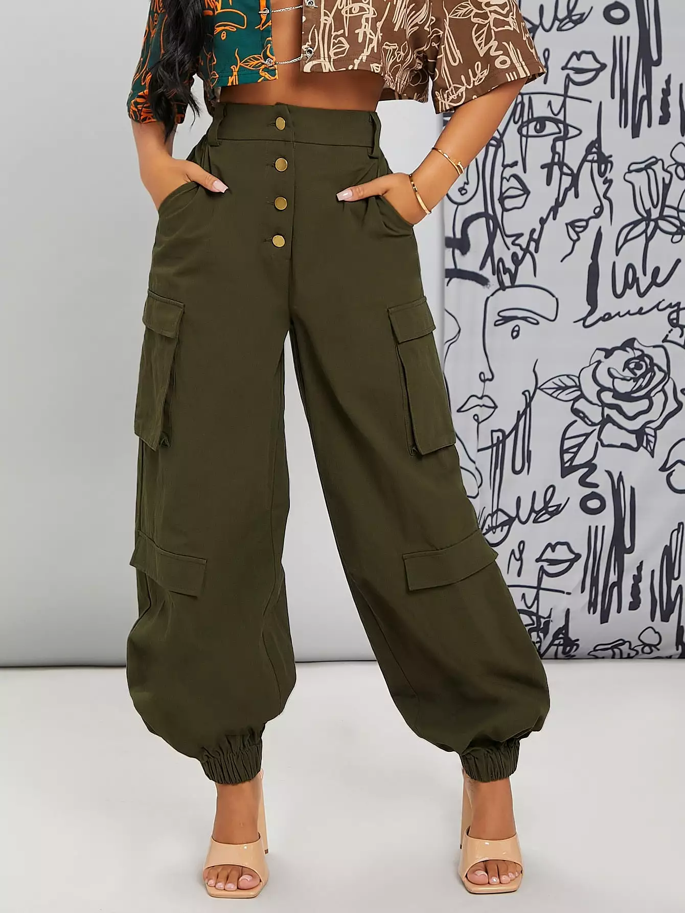 High Waist Single Breasted Utility Pocket Cargo Pants