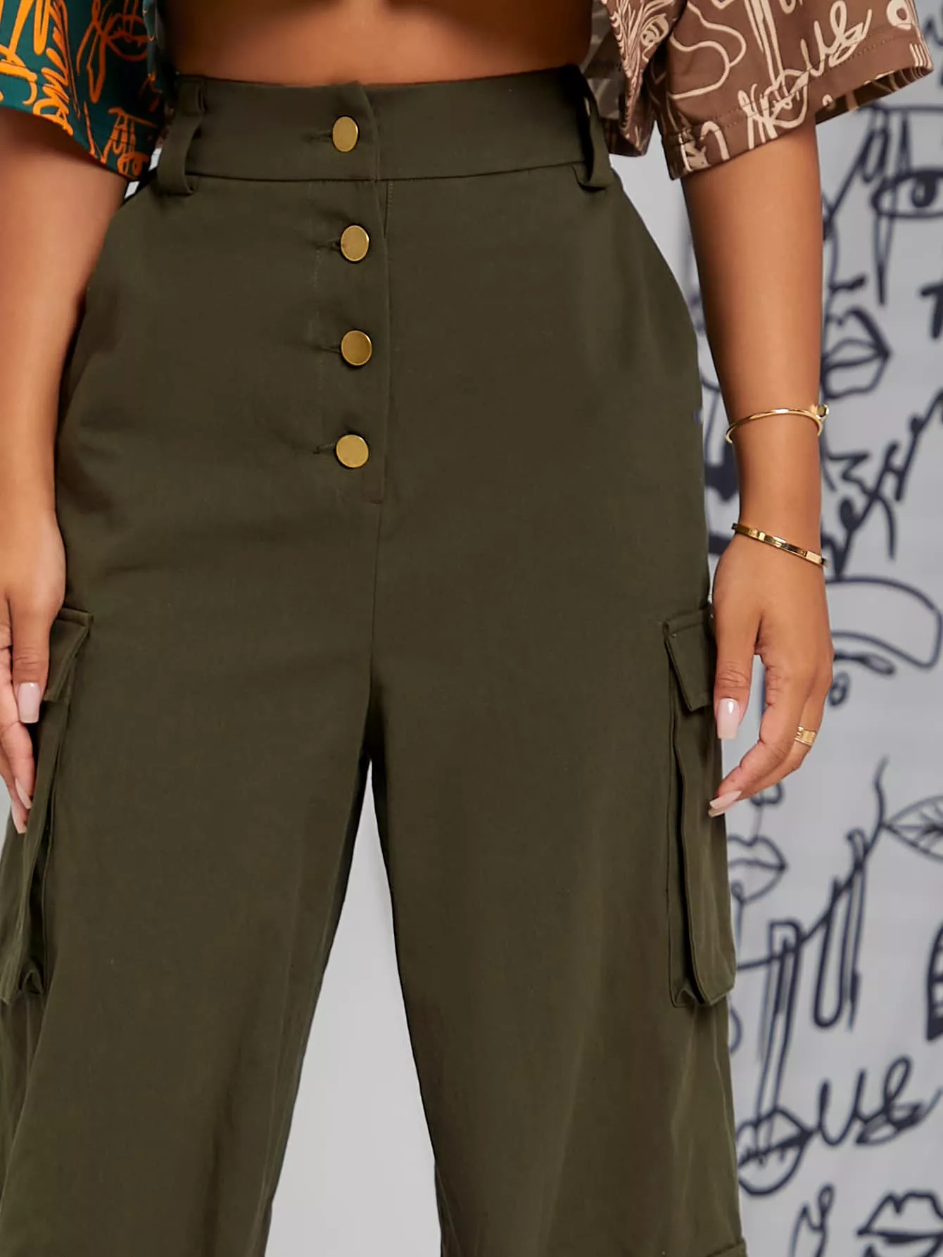 High Waist Single Breasted Utility Pocket Cargo Pants