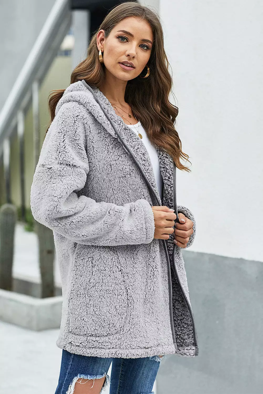 Hooded Teddy Coat in Light Gray