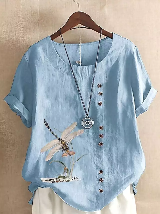 Ladies' Floral Print Linen T-Shirt with Short Sleeves