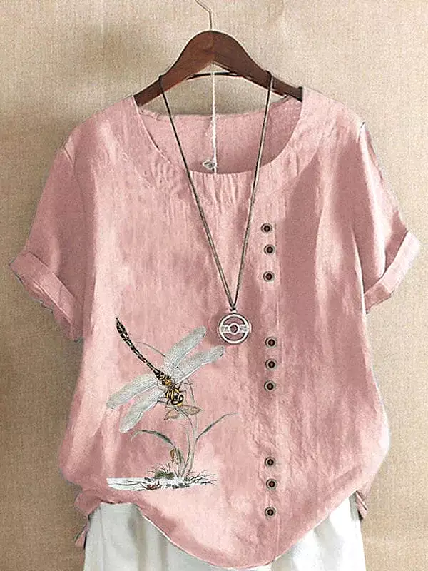 Ladies' Floral Print Linen T-Shirt with Short Sleeves