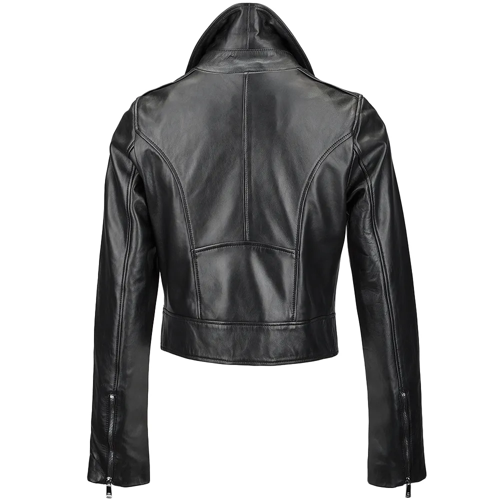 Ladies Short  Vegetable Tanned Leather Biker Jacket Black : Jenner