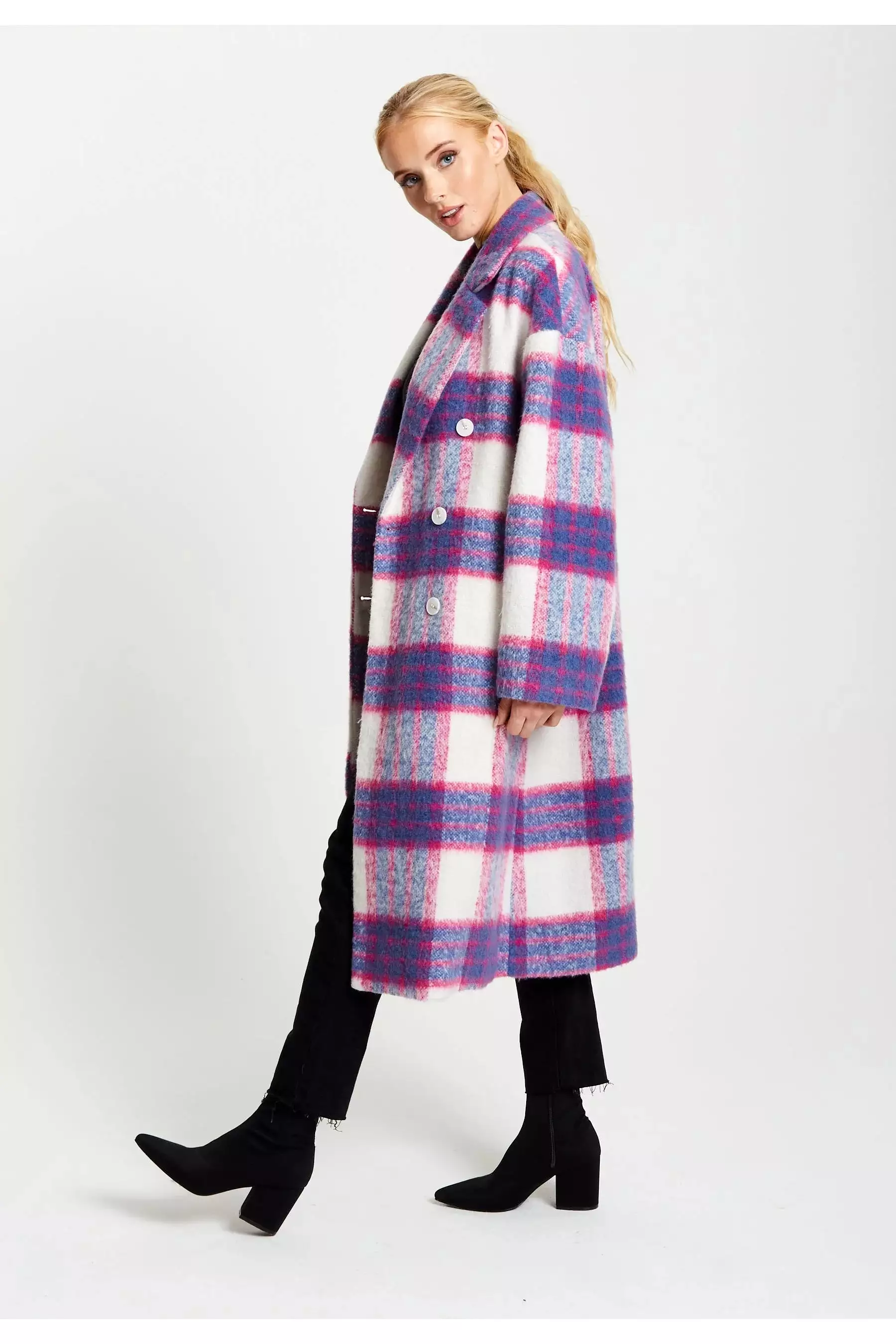 Liquorish Longline Coat In Pink And Navy Checks