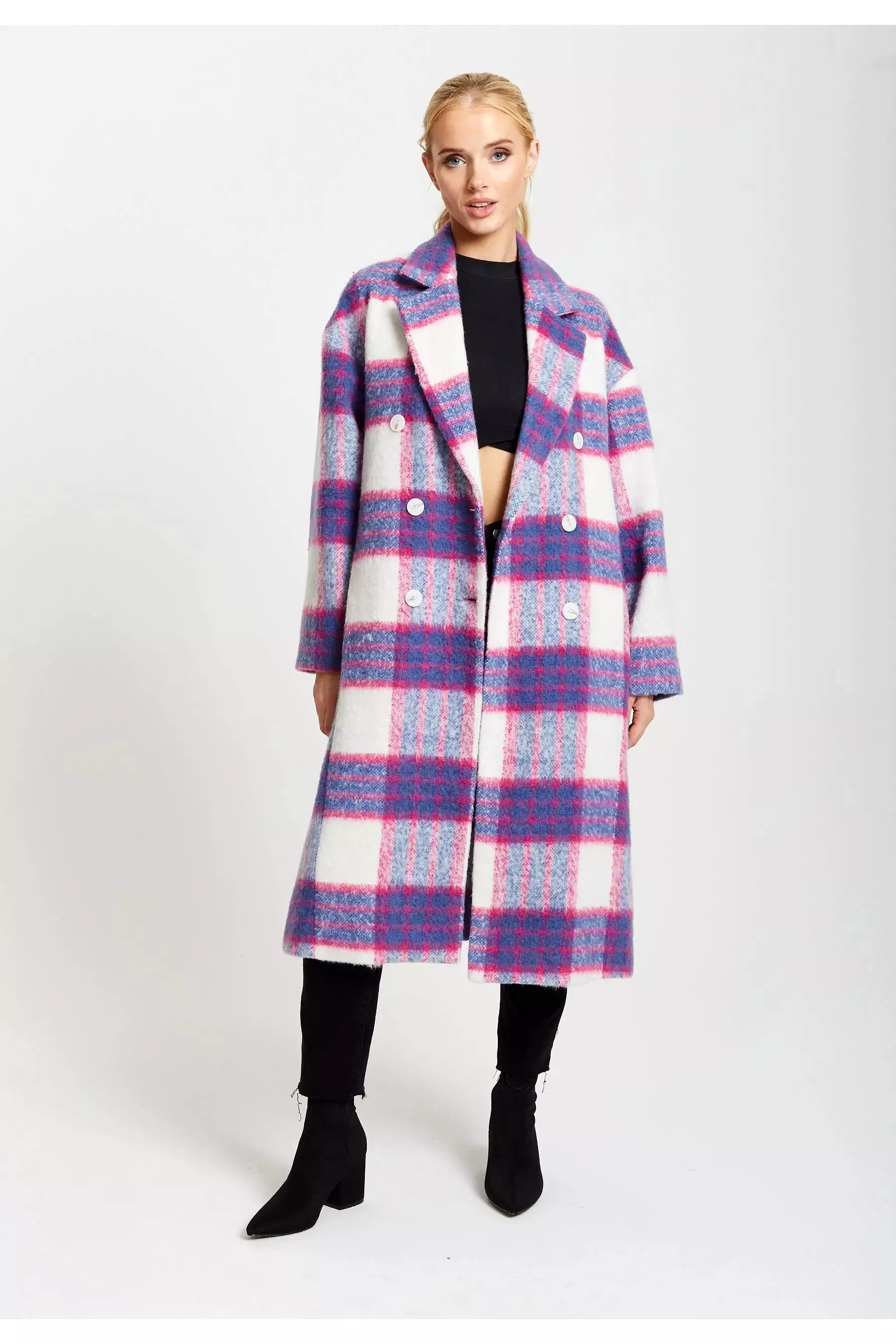 Liquorish Longline Coat In Pink And Navy Checks