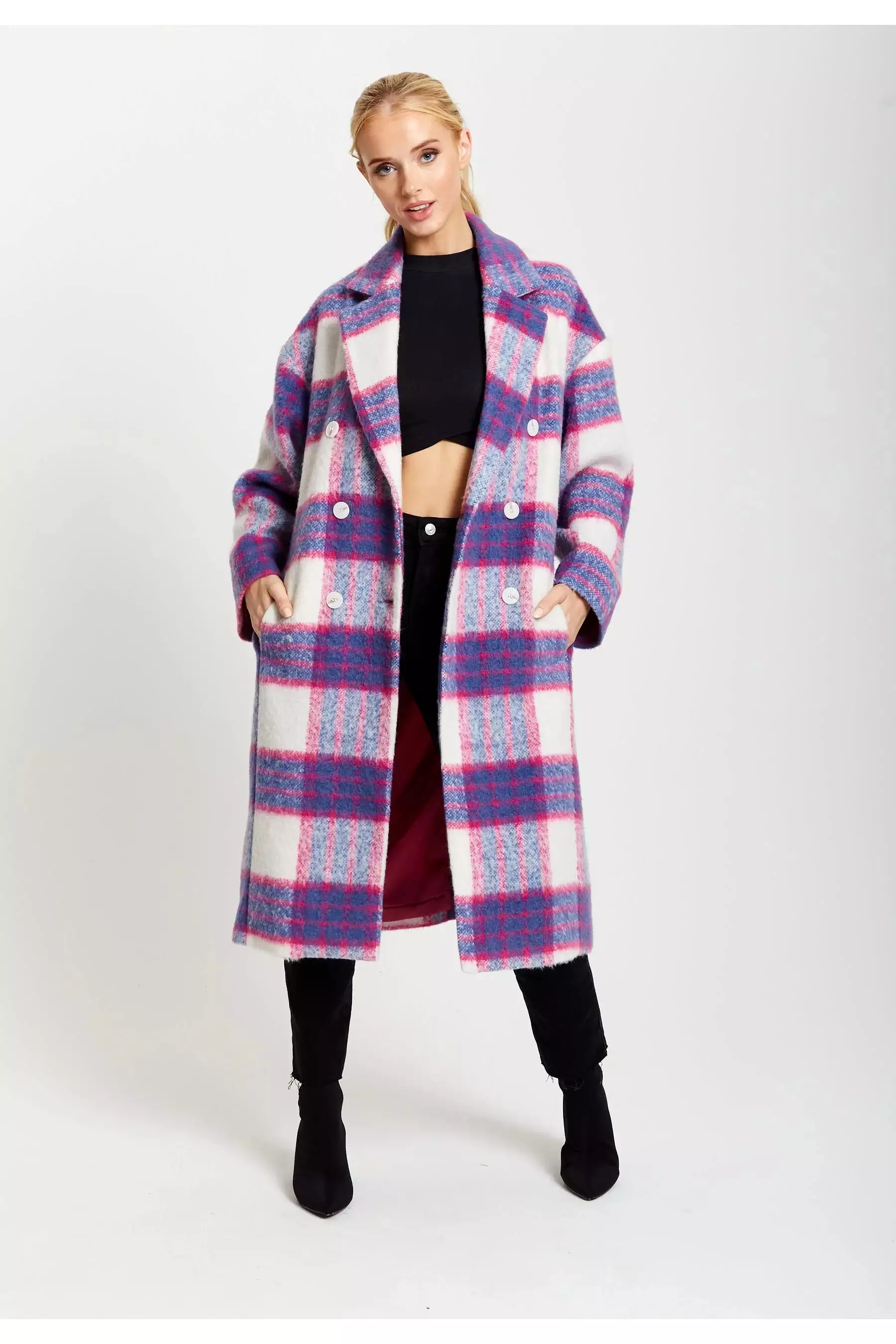 Liquorish Longline Coat In Pink And Navy Checks