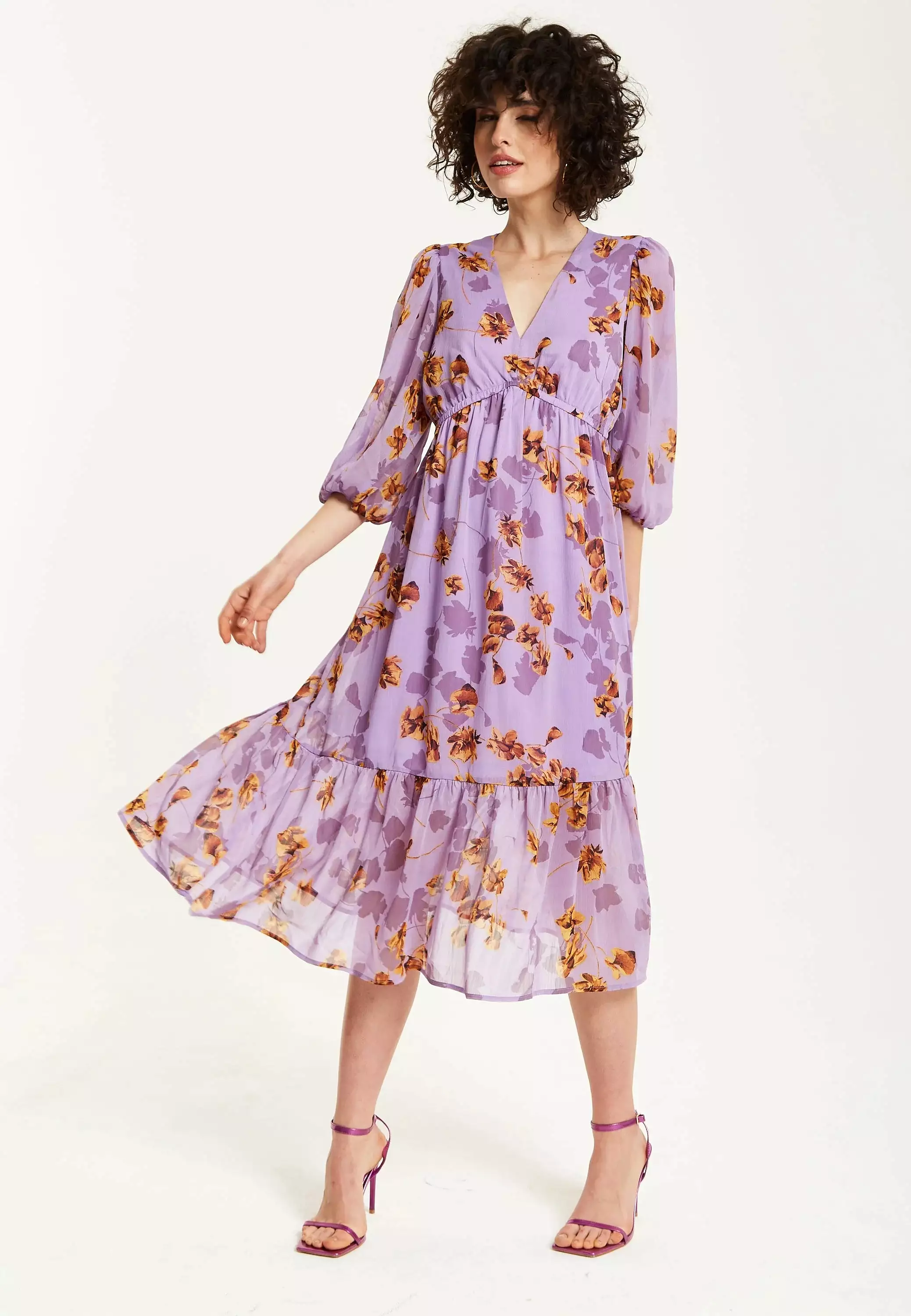 Liquorish Purple Floral V-neck Midi Dress