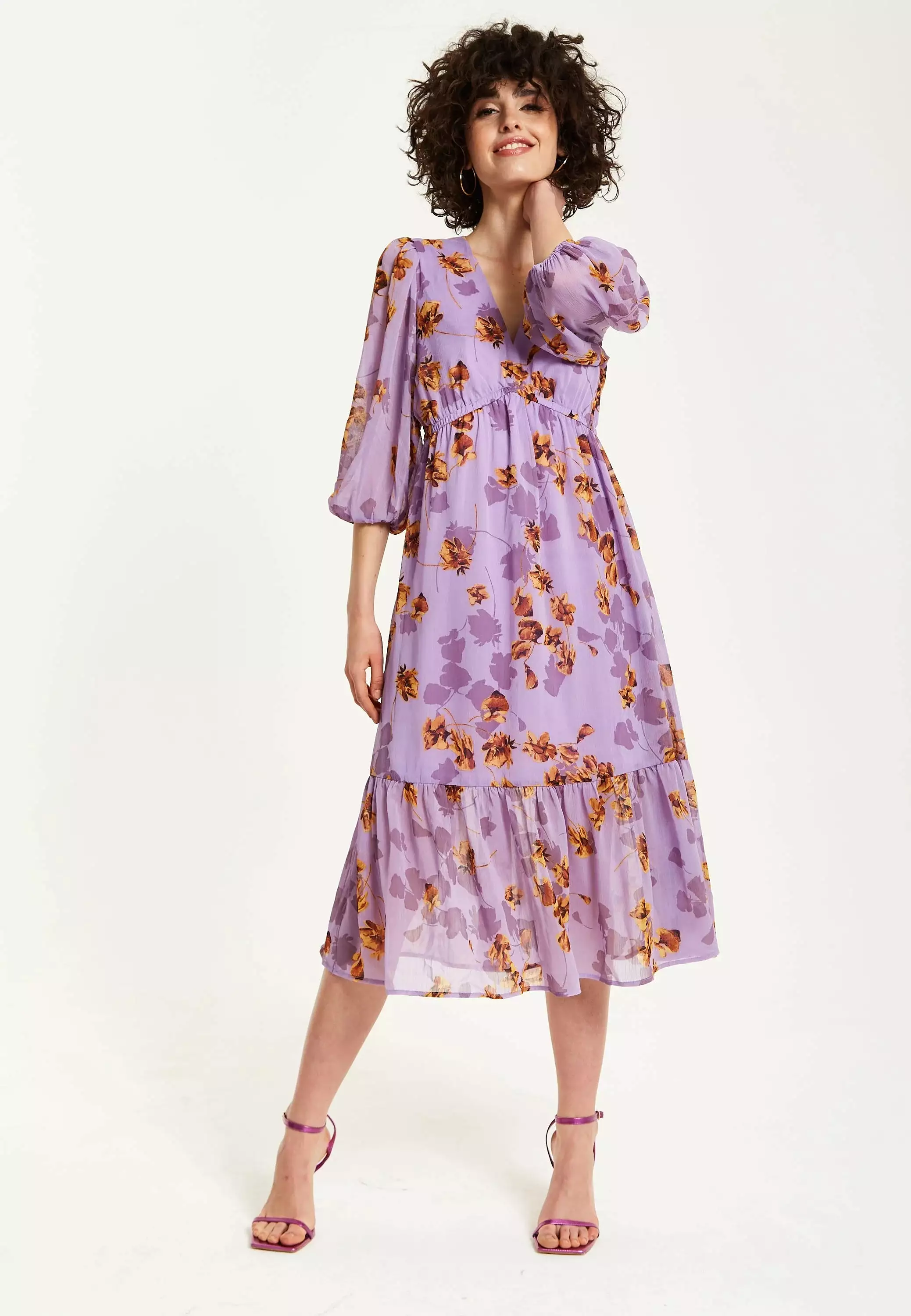 Liquorish Purple Floral V-neck Midi Dress