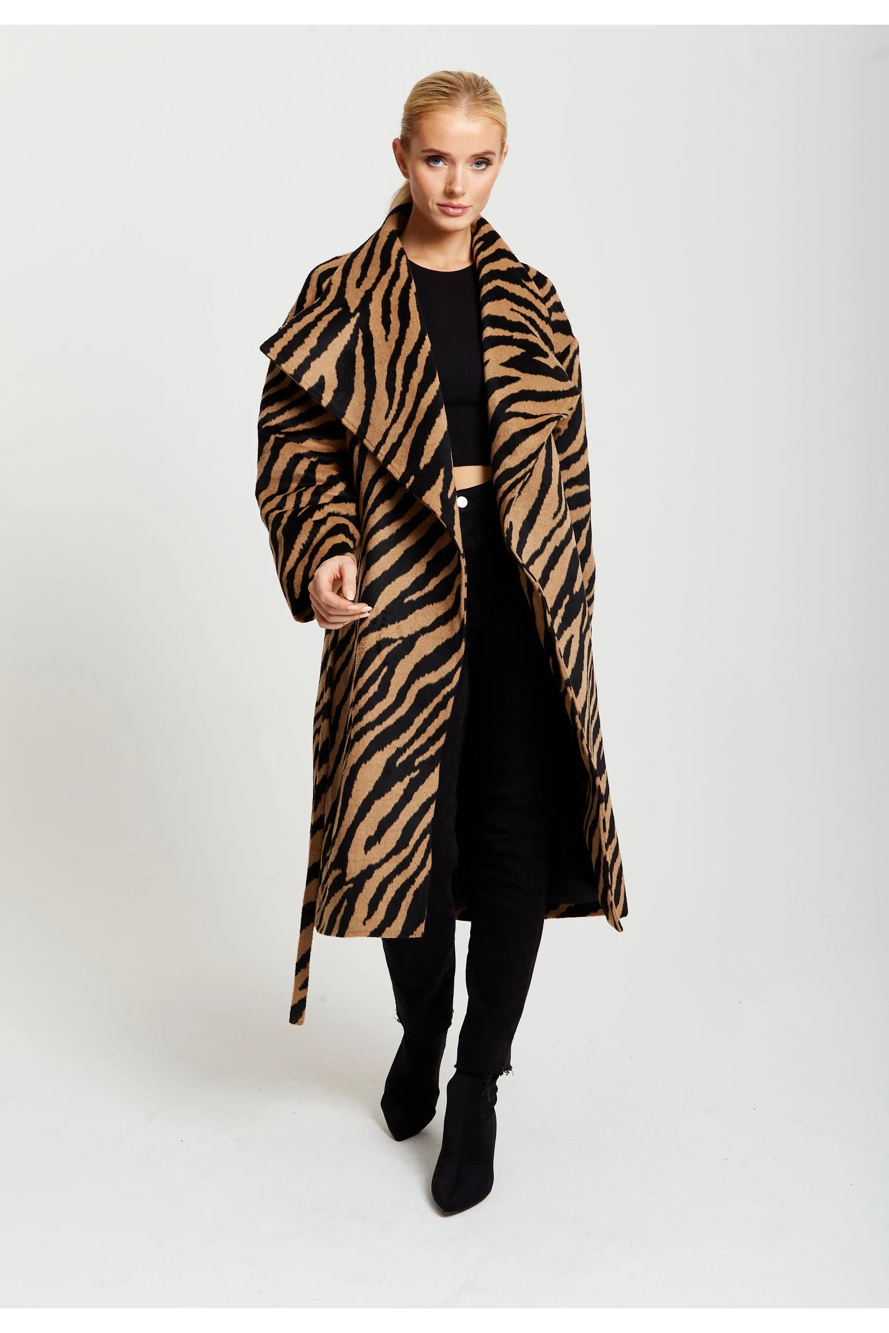 Liquorish Zebra Print Longline Coat In Mustard And Black