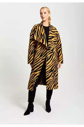 Liquorish Zebra Print Longline Coat In Mustard And Black