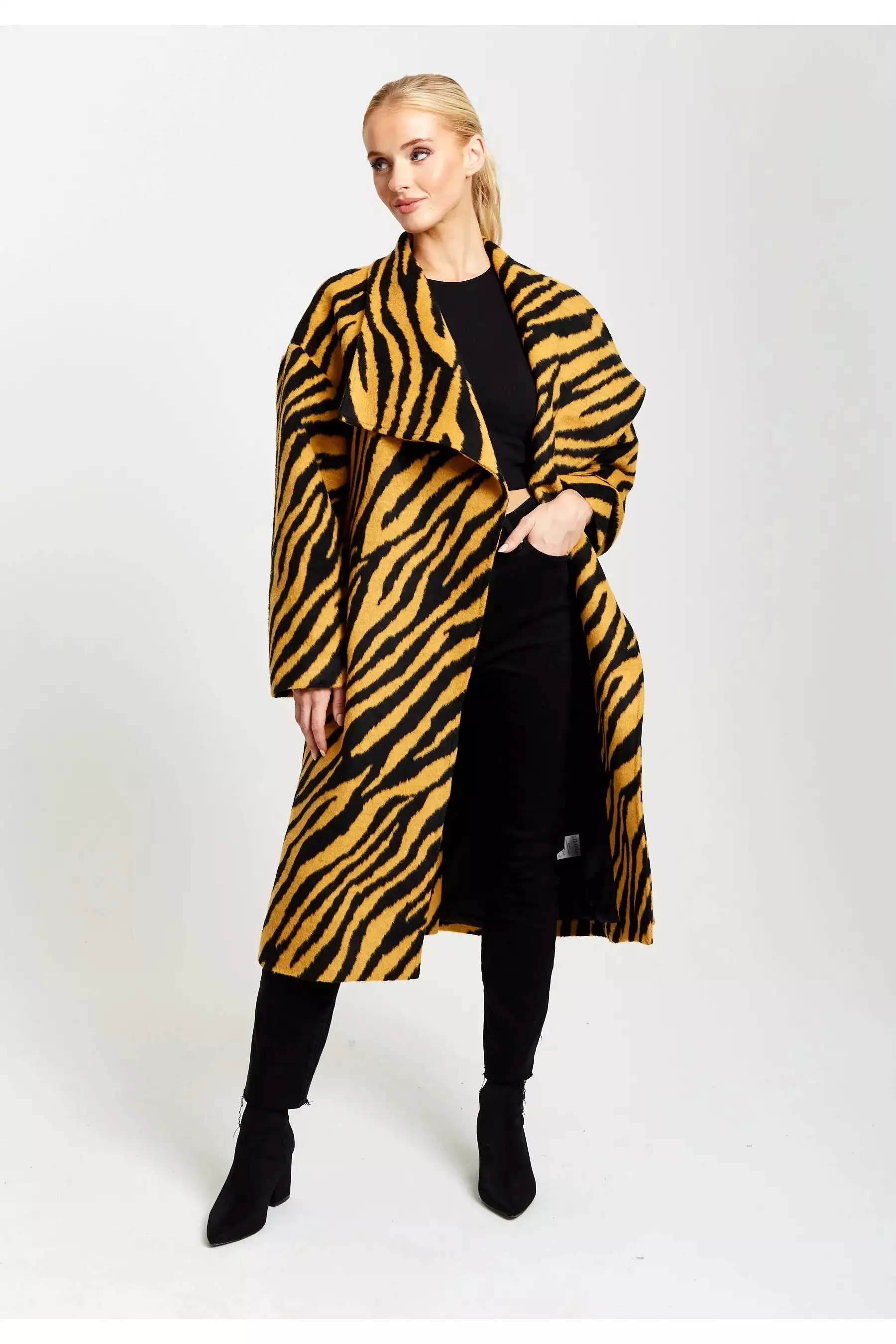 Liquorish Zebra Print Longline Coat In Mustard And Black