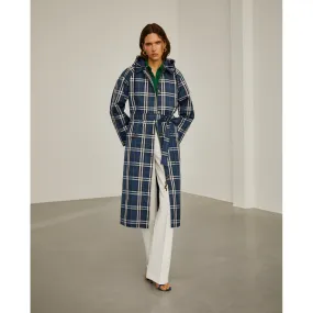 Long coat with check pattern and hood