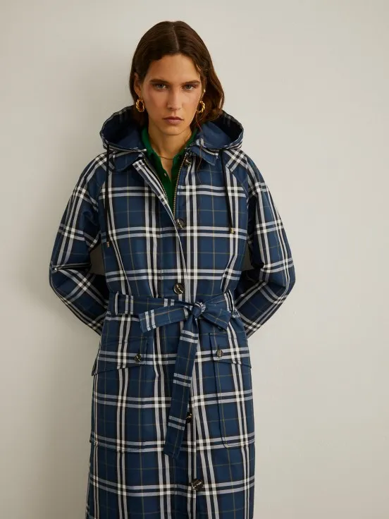 Long coat with check pattern and hood