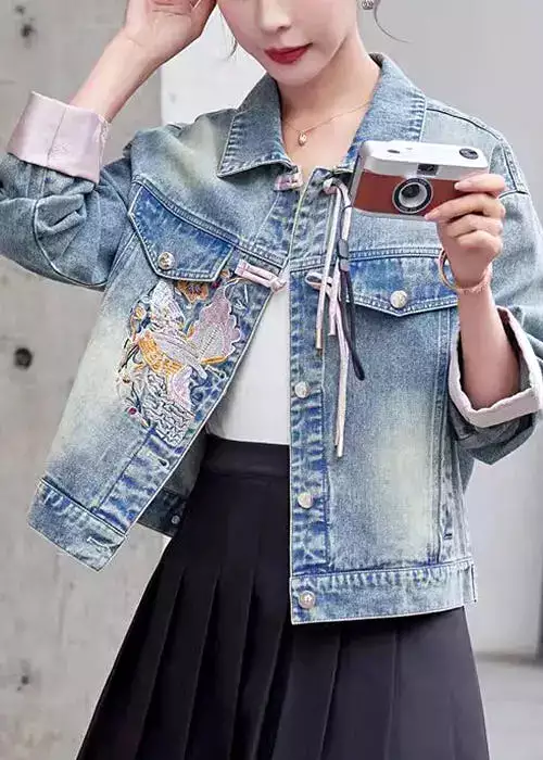 Loose Pink Embroidered Button Denim Coat Long Sleeve CG1035