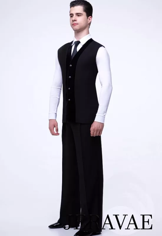 Men's and Boy's Black Single Breasted Ballroom Slim Fit Vest with Velvet Accent (No Pockets) M064 in Stock