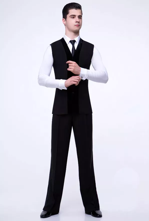 Men's and Boy's Black Single Breasted Ballroom Slim Fit Vest with Velvet Accent (No Pockets) M064 in Stock