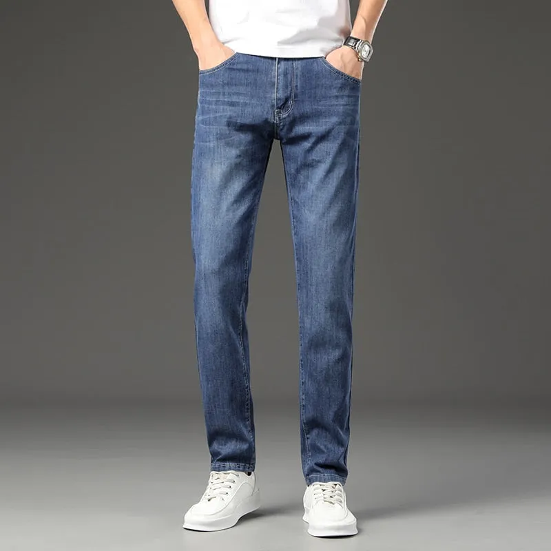 Men's Blue Casual Mid Waist Solid Pattern Full Length Straight Leg Jeans