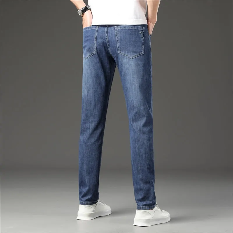 Men's Blue Casual Mid Waist Solid Pattern Full Length Straight Leg Jeans