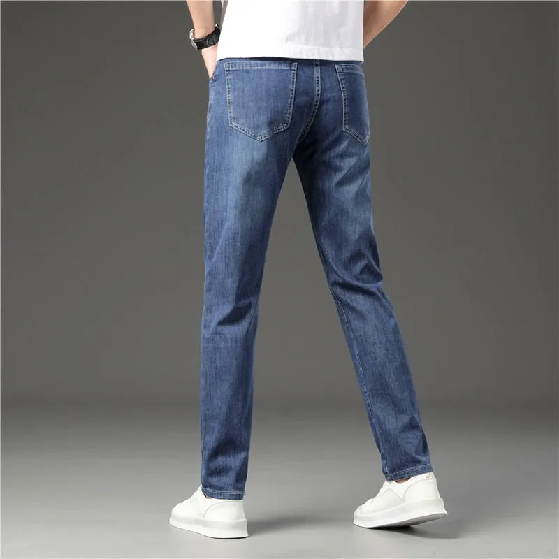 Men's Blue Casual Mid Waist Solid Pattern Full Length Straight Leg Jeans