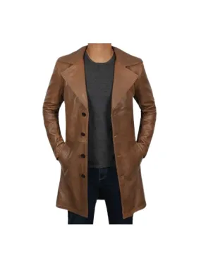 Mens Jackson Distressed Brown Leather Trench Coat