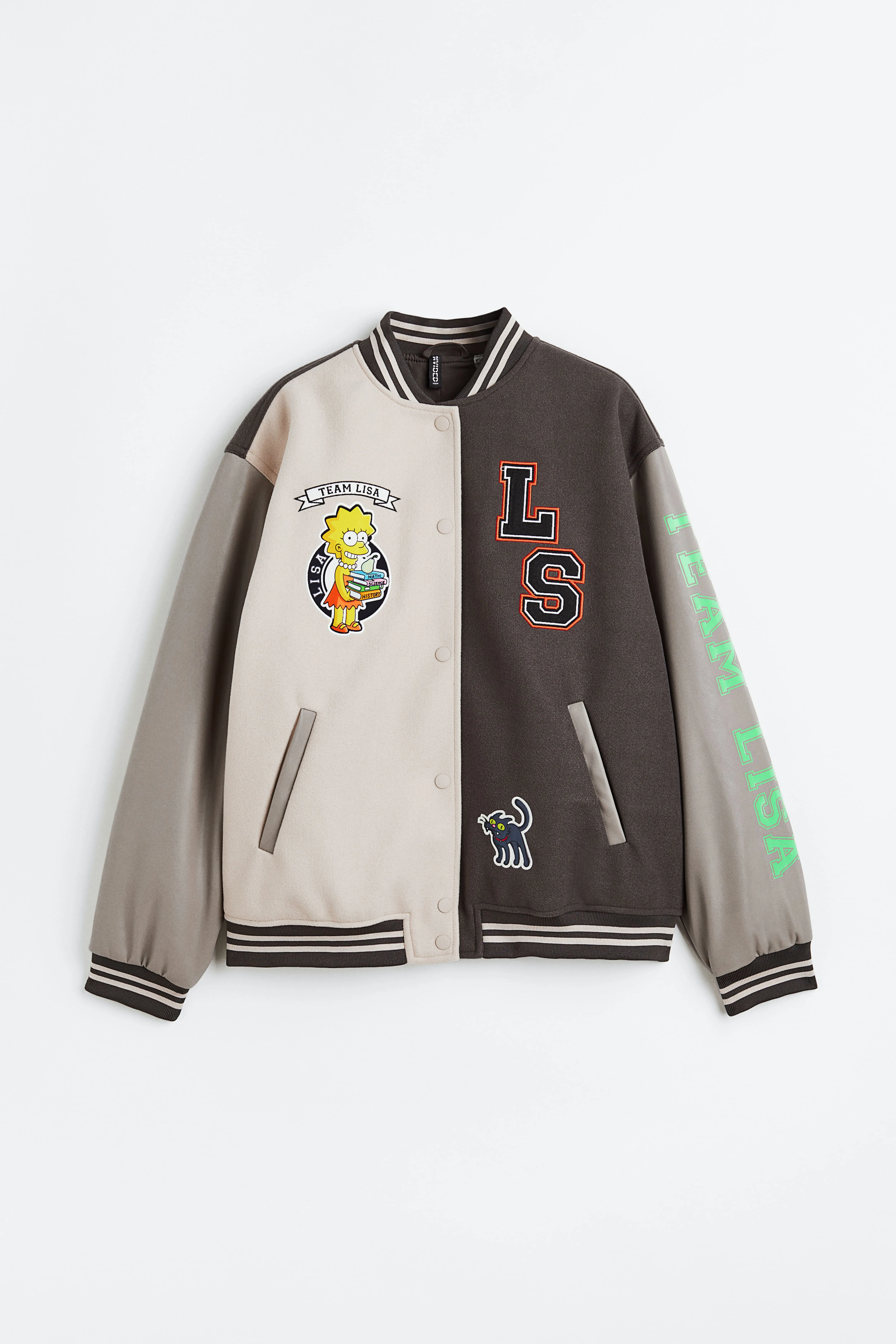 Motif-detail baseball jacket - Long sleeve - Short - Dark greige/The Simpsons - Ladies | H&M GB